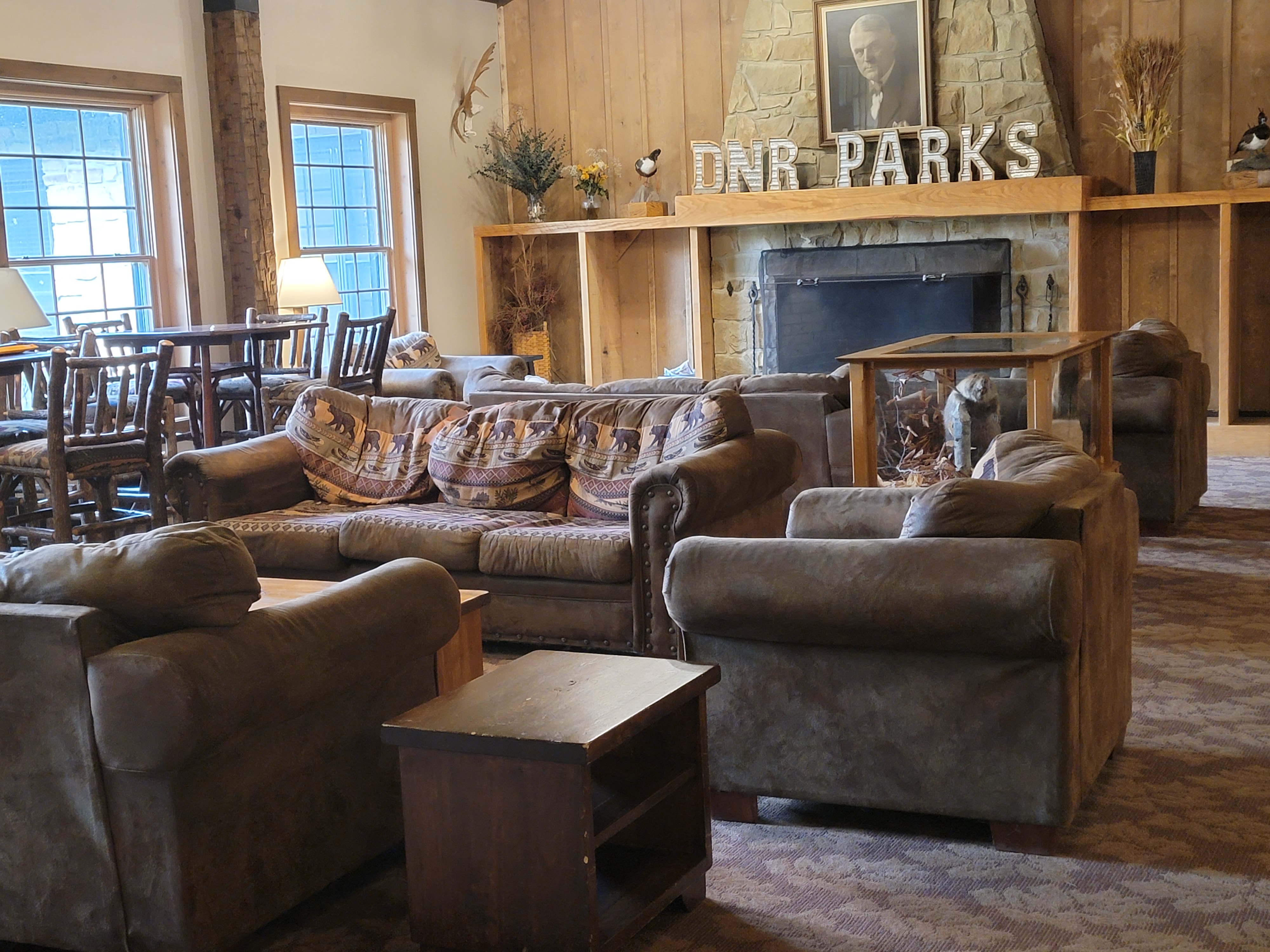 Lobby with fireplace at Abe Martin Lodge